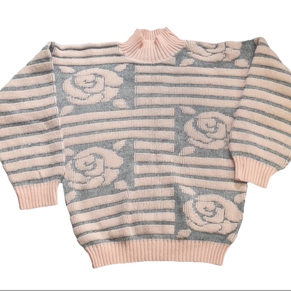 Vintage 80s Pink & Gray Floral Striped Sweater Women’s Small Mock Neck - Picture 1 of 6